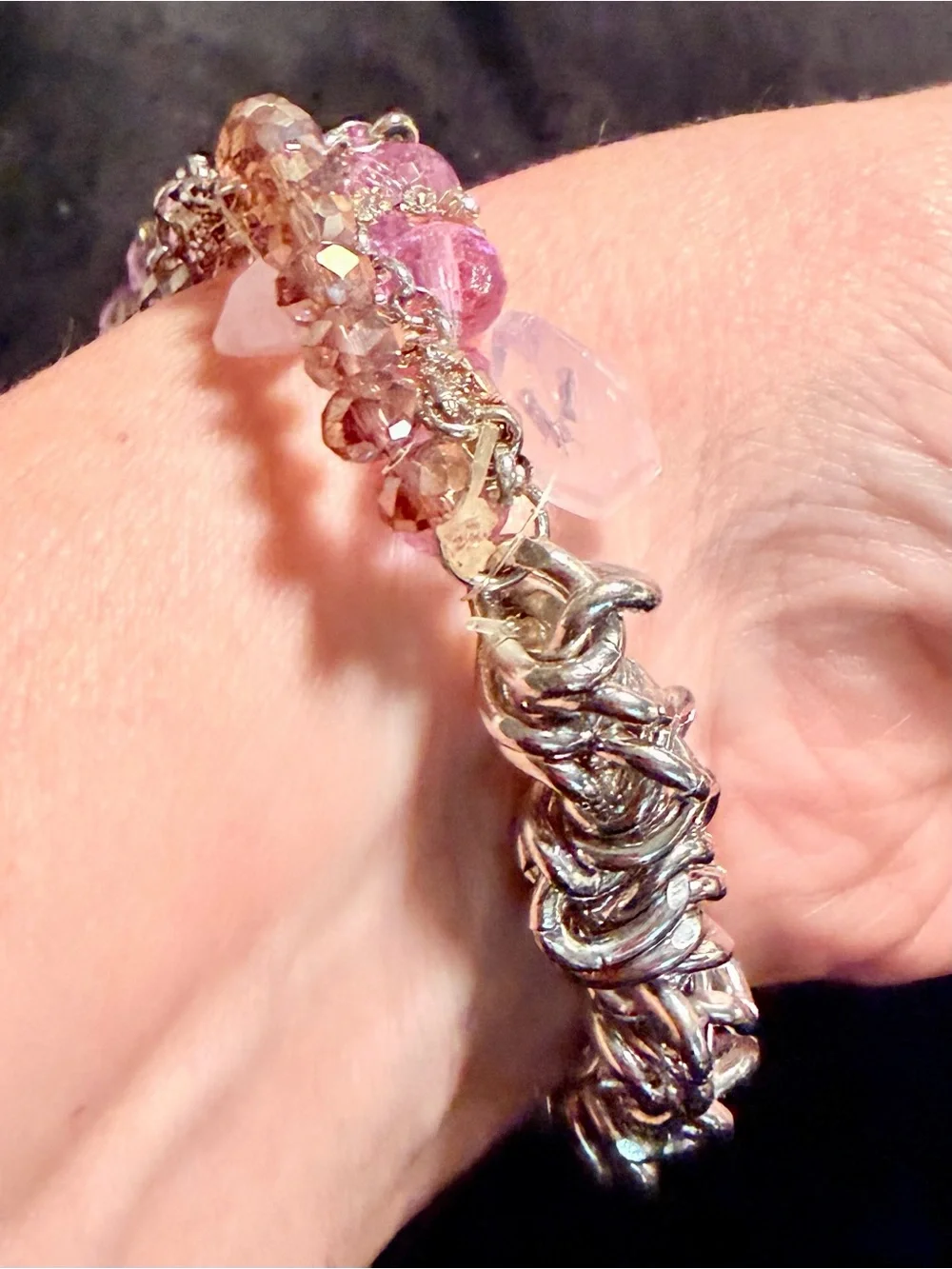 Artisan Pink Crystal Beaded Silver Tone Chainmail Statement Bracelet